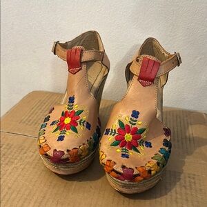 Platform Wedge Heels with Folk Art Design